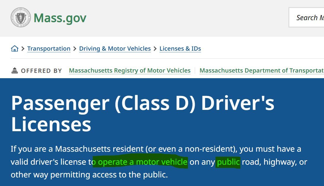 Screenshot of Mass gov page about driver's licenses